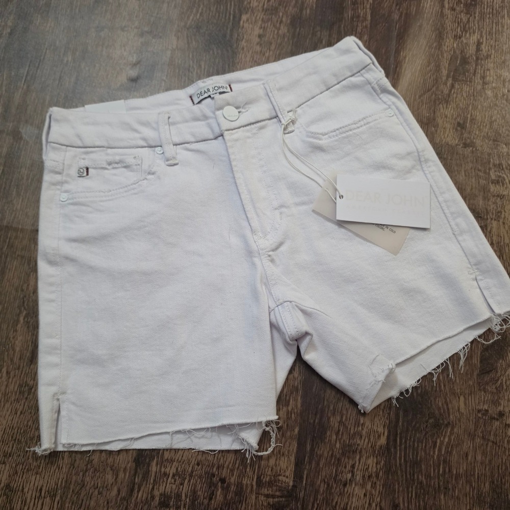DEAR‎ JOHN Denim Shorts Womens 26 White Raw Hem High Rise Side Slit Stretch NWT